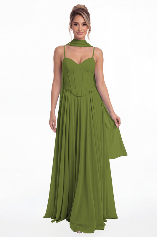 Olive Green Sweetheart Adjustable Strap Chiffon A-Line Maxi Gown - Front View