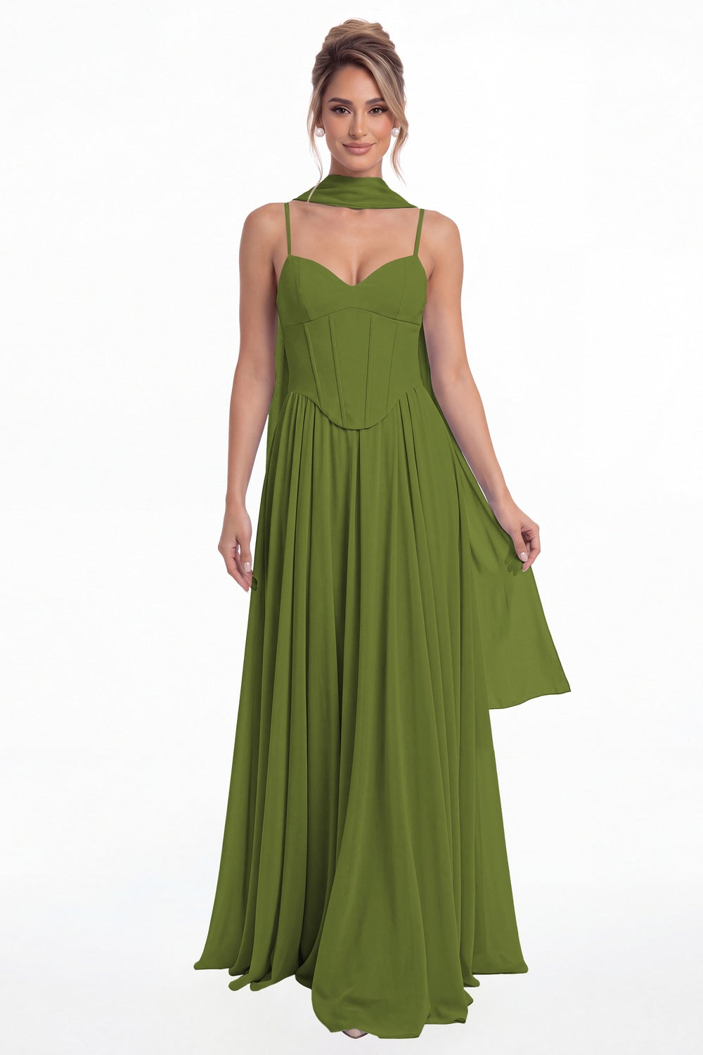Olive Green Sweetheart Adjustable Strap Chiffon A-Line Maxi Gown - Front View