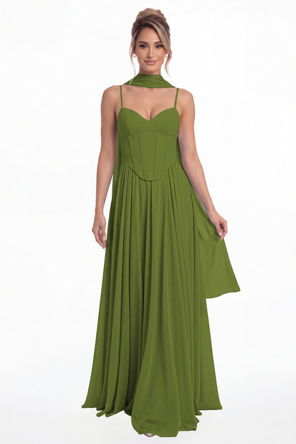 Olive Green Sweetheart Adjustable Strap Chiffon A-Line Maxi Gown - Front View