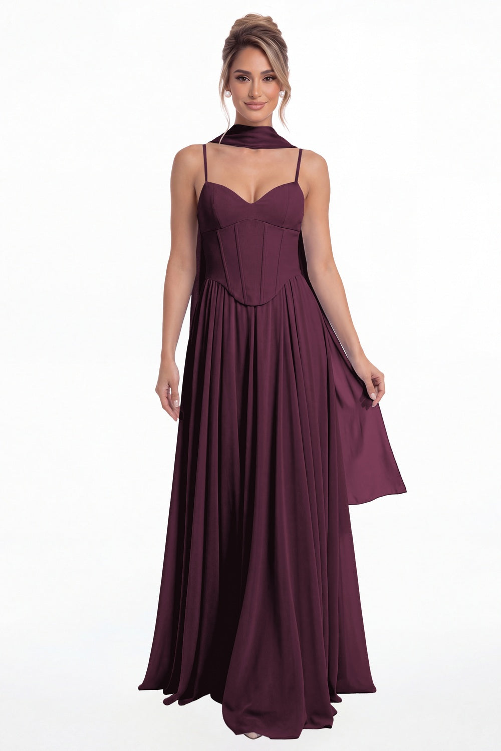 Plum Sweetheart Adjustable Strap Chiffon A-Line Maxi Gown - Front View
