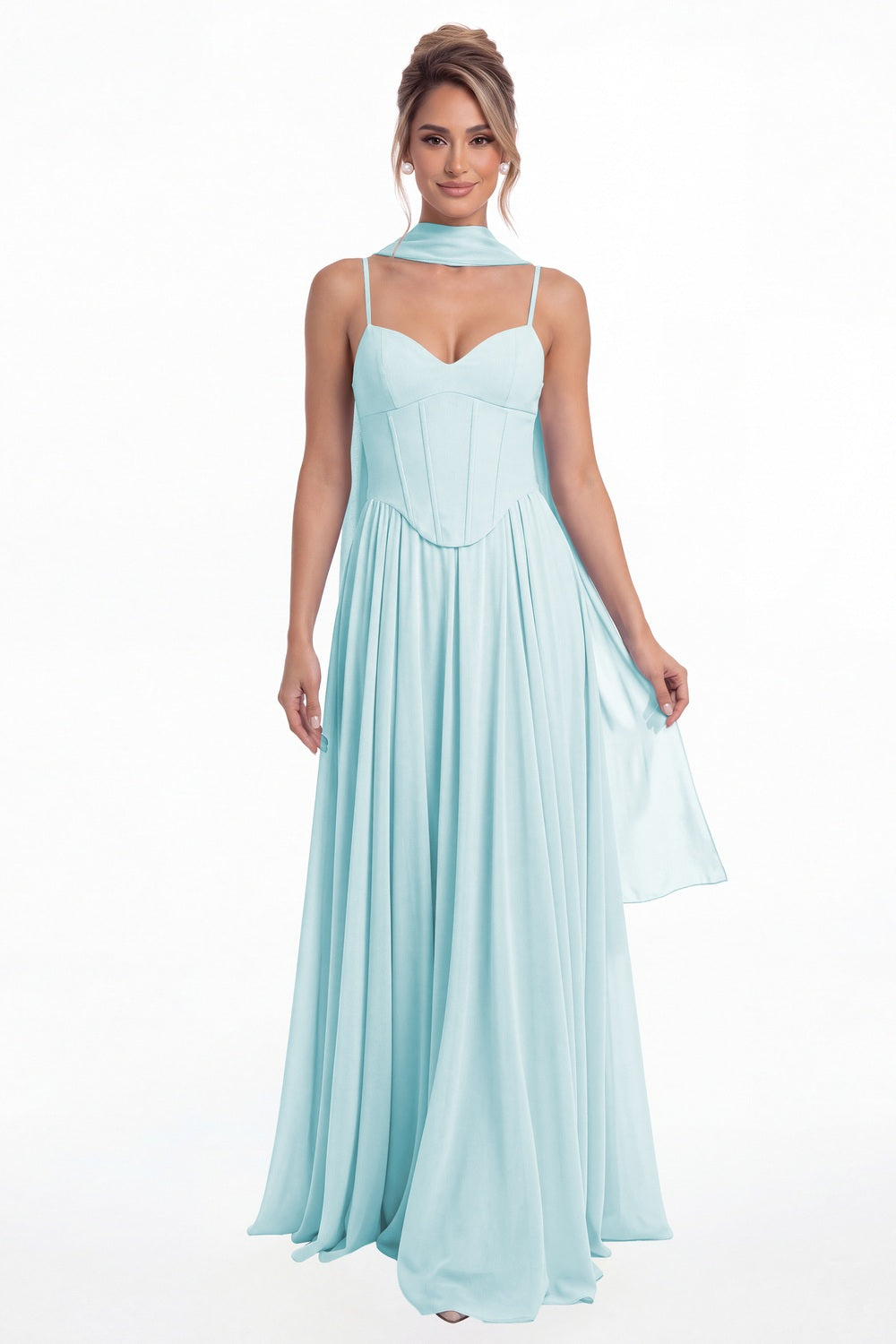 Powder Blue Sweetheart Adjustable Strap Chiffon A-Line Maxi Gown - Front View
