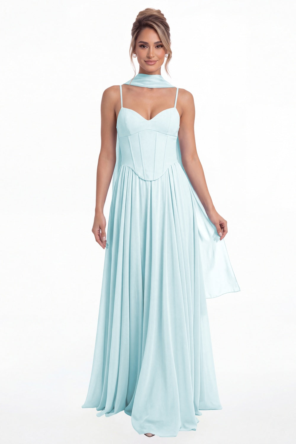 Powder Blue Sweetheart Adjustable Strap Chiffon A-Line Maxi Gown - Front View