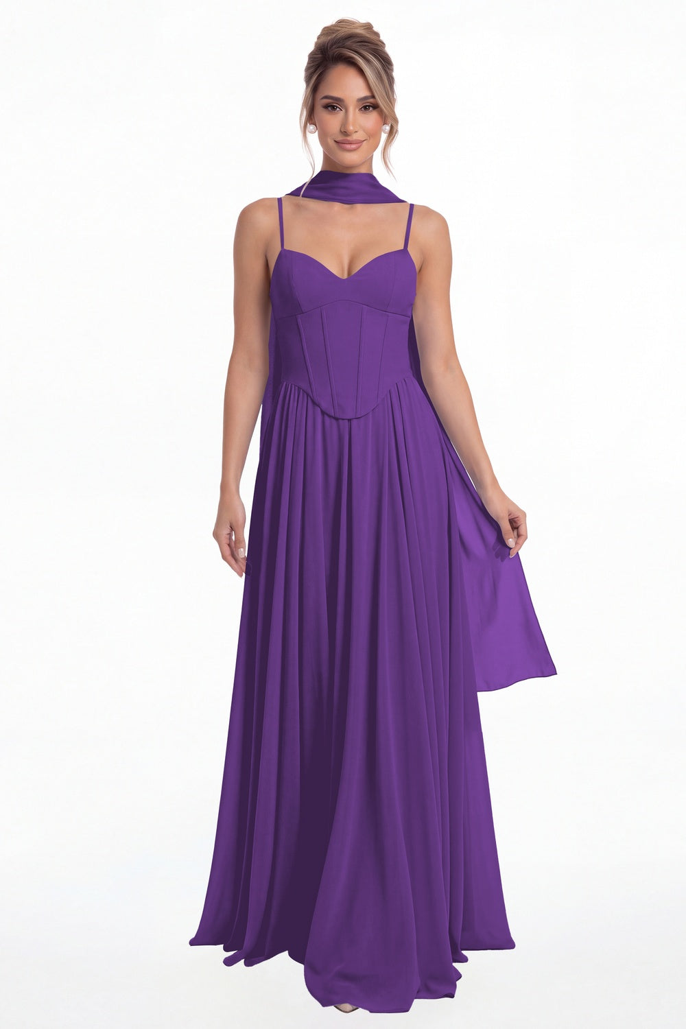 Purple Sweetheart Adjustable Strap Chiffon A-Line Maxi Gown - Front View