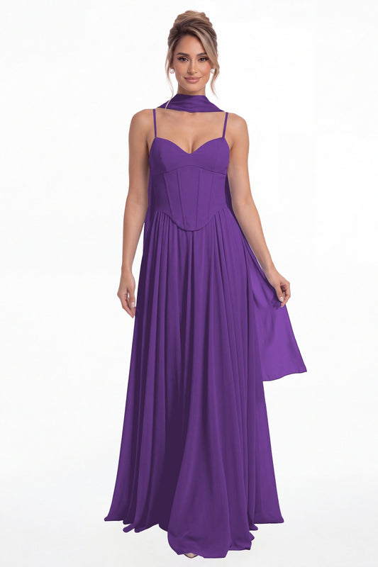 Purple Sweetheart Adjustable Strap Chiffon A-Line Maxi Gown - Front View