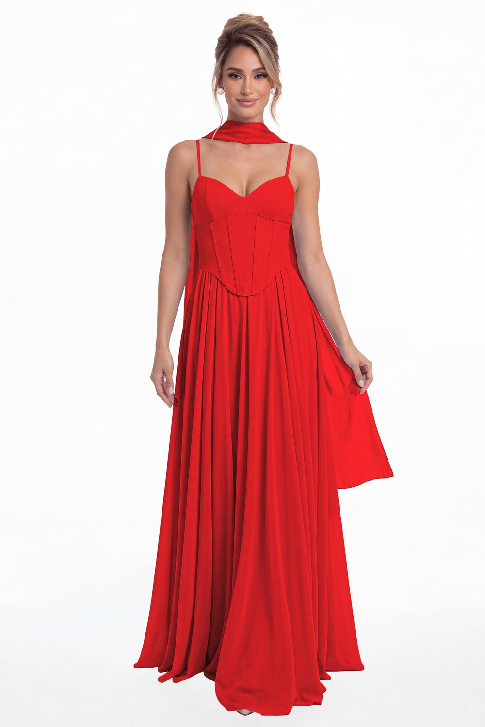 Red Sweetheart Adjustable Strap Chiffon A-Line Maxi Gown - Front View