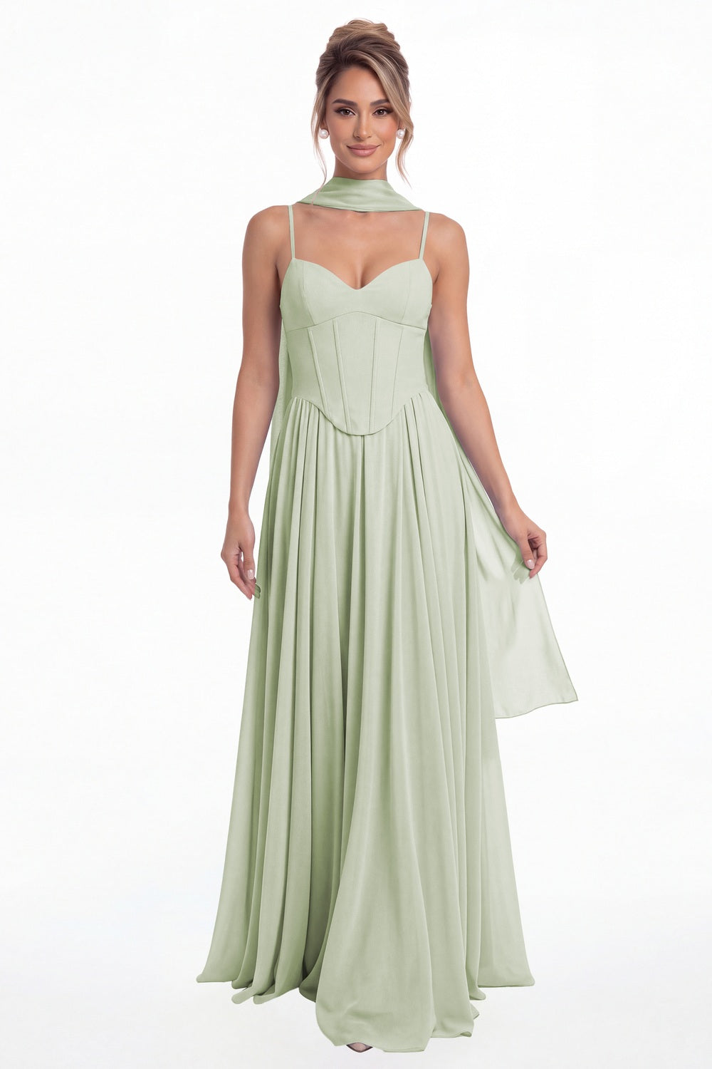 Sage Green Sweetheart Adjustable Strap Chiffon A-Line Maxi Gown - Front View