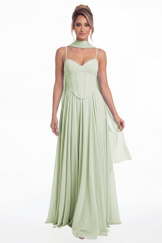 Sage Green Sweetheart Adjustable Strap Chiffon A-Line Maxi Gown - Front View
