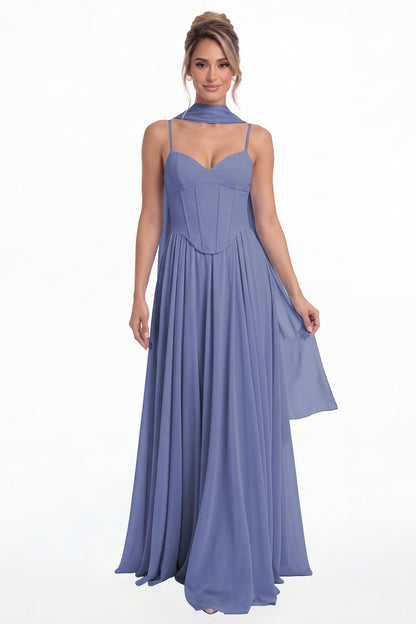 Steel Blue Sweetheart Adjustable Strap Chiffon A-Line Maxi Gown - Front View