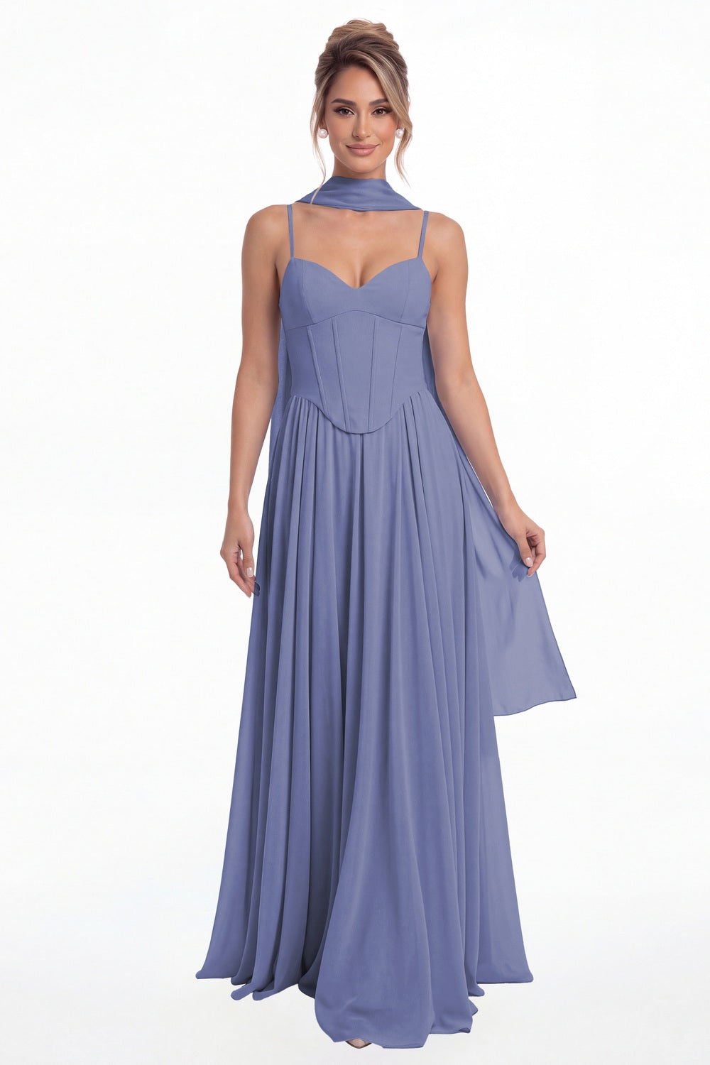 Steel Blue Sweetheart Adjustable Strap Chiffon A-Line Maxi Gown - Front View