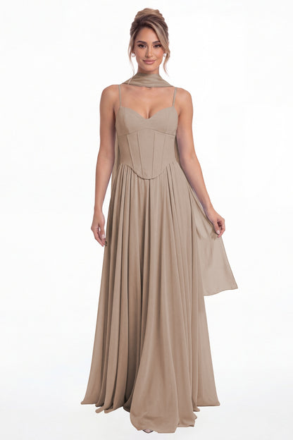 Taupe Sweetheart Adjustable Strap Chiffon A-Line Maxi Gown - Front View