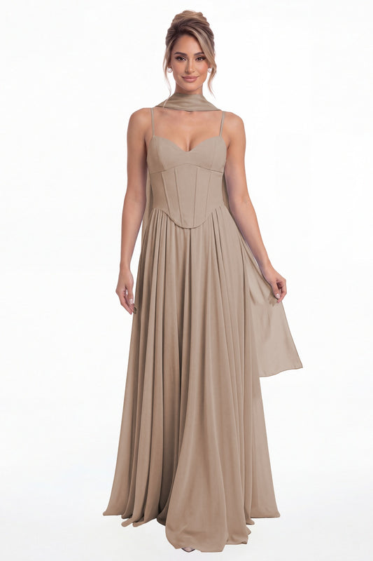 Taupe Sweetheart Adjustable Strap Chiffon A-Line Maxi Gown - Front View