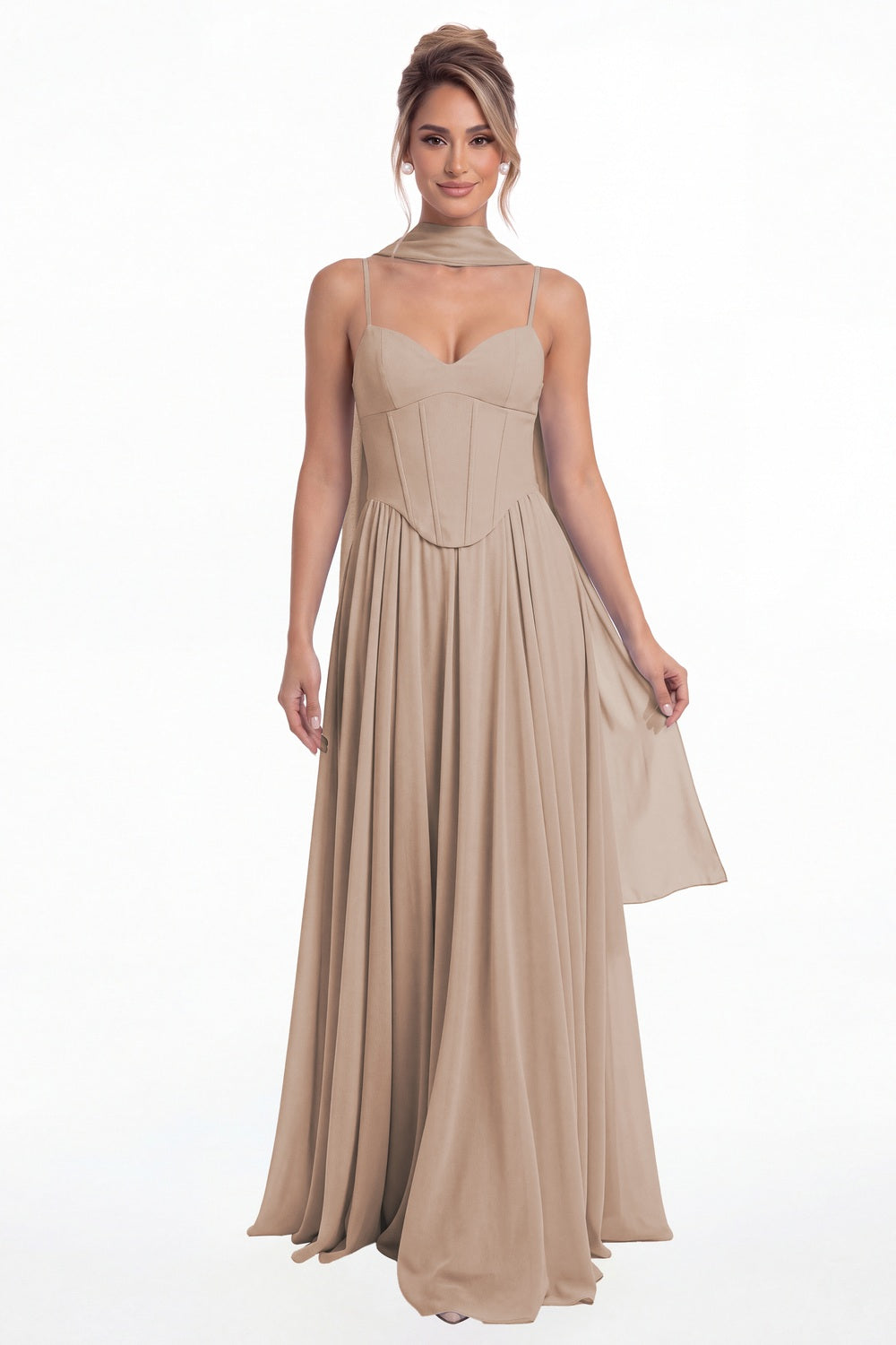 Taupe Sweetheart Adjustable Strap Chiffon A-Line Maxi Gown - Front View