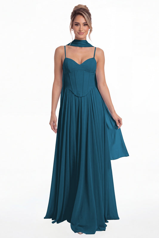 Teal Sweetheart Adjustable Strap Chiffon A-Line Maxi Gown - Front View