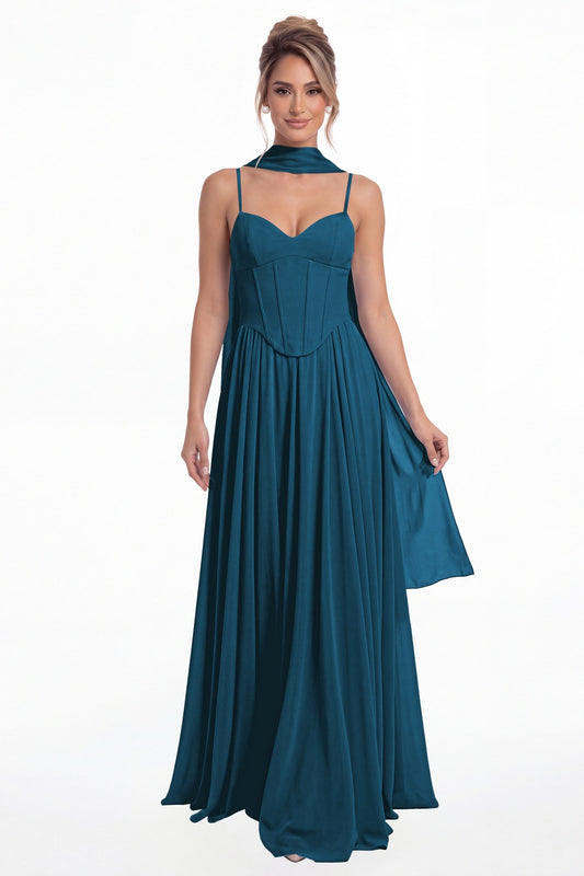 Teal Sweetheart Adjustable Strap Chiffon A-Line Maxi Gown - Front View