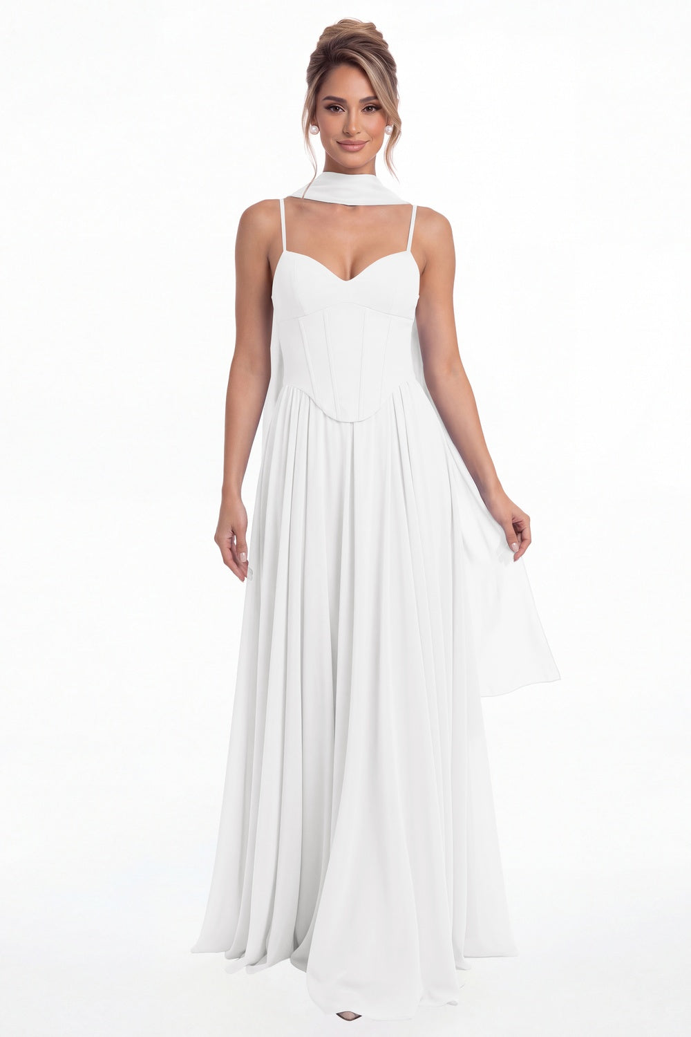 White Sweetheart Adjustable Strap Chiffon A-Line Maxi Gown - Front View
