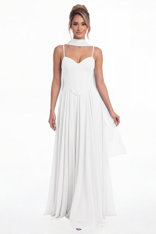 White Sweetheart Adjustable Strap Chiffon A-Line Maxi Gown - Front View