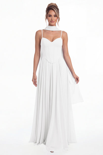 White Sweetheart Adjustable Strap Chiffon A-Line Maxi Gown - Front View
