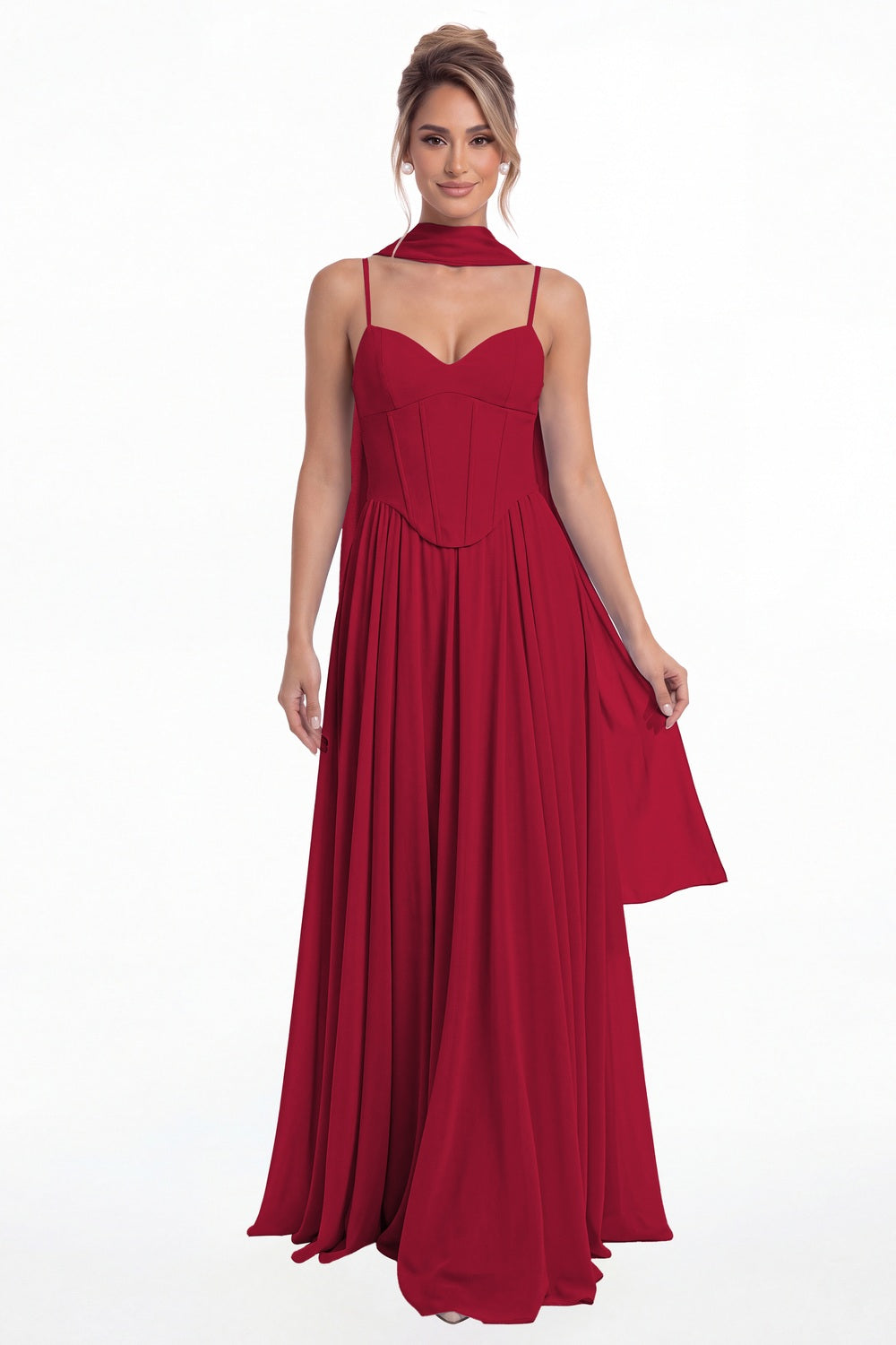 Wine Red Sweetheart Adjustable Strap Chiffon A-Line Maxi Gown - Front View