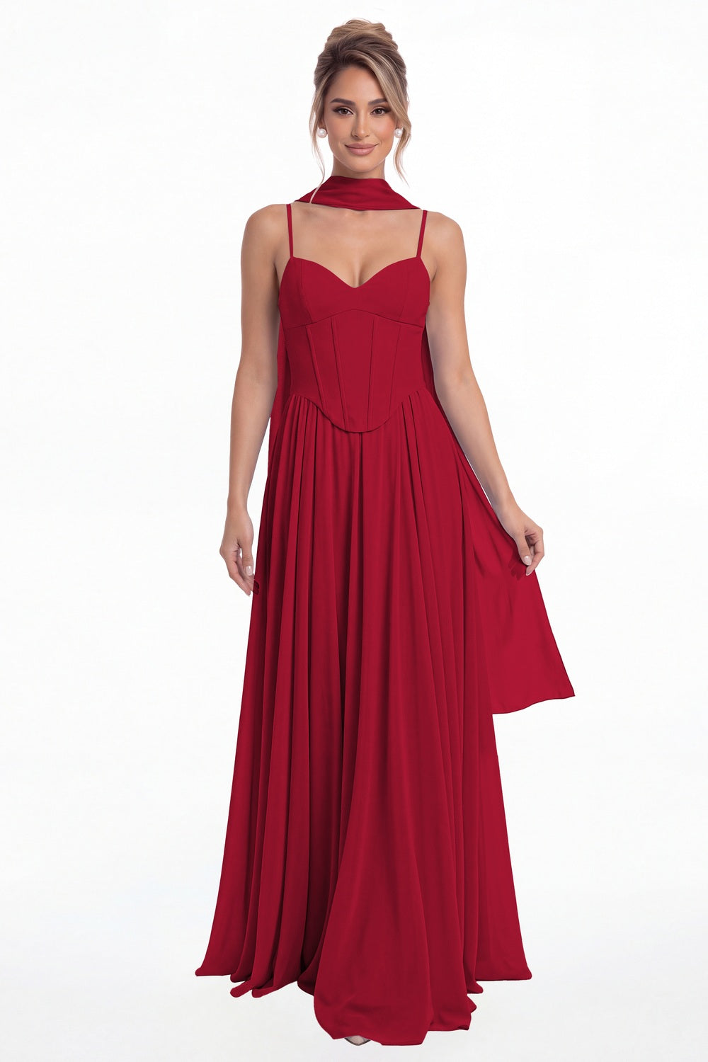 Wine Red Sweetheart Adjustable Strap Chiffon A-Line Maxi Gown - Front View