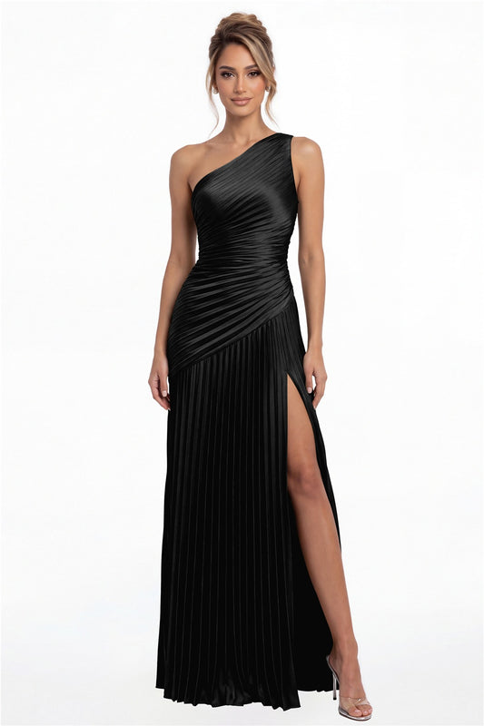 Black One-Shoulder Pleated Satin Slit Maxi Gown - Front View