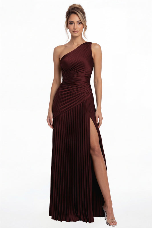 Burgundy One-Shoulder Pleated Satin Slit Maxi Gown - Front View