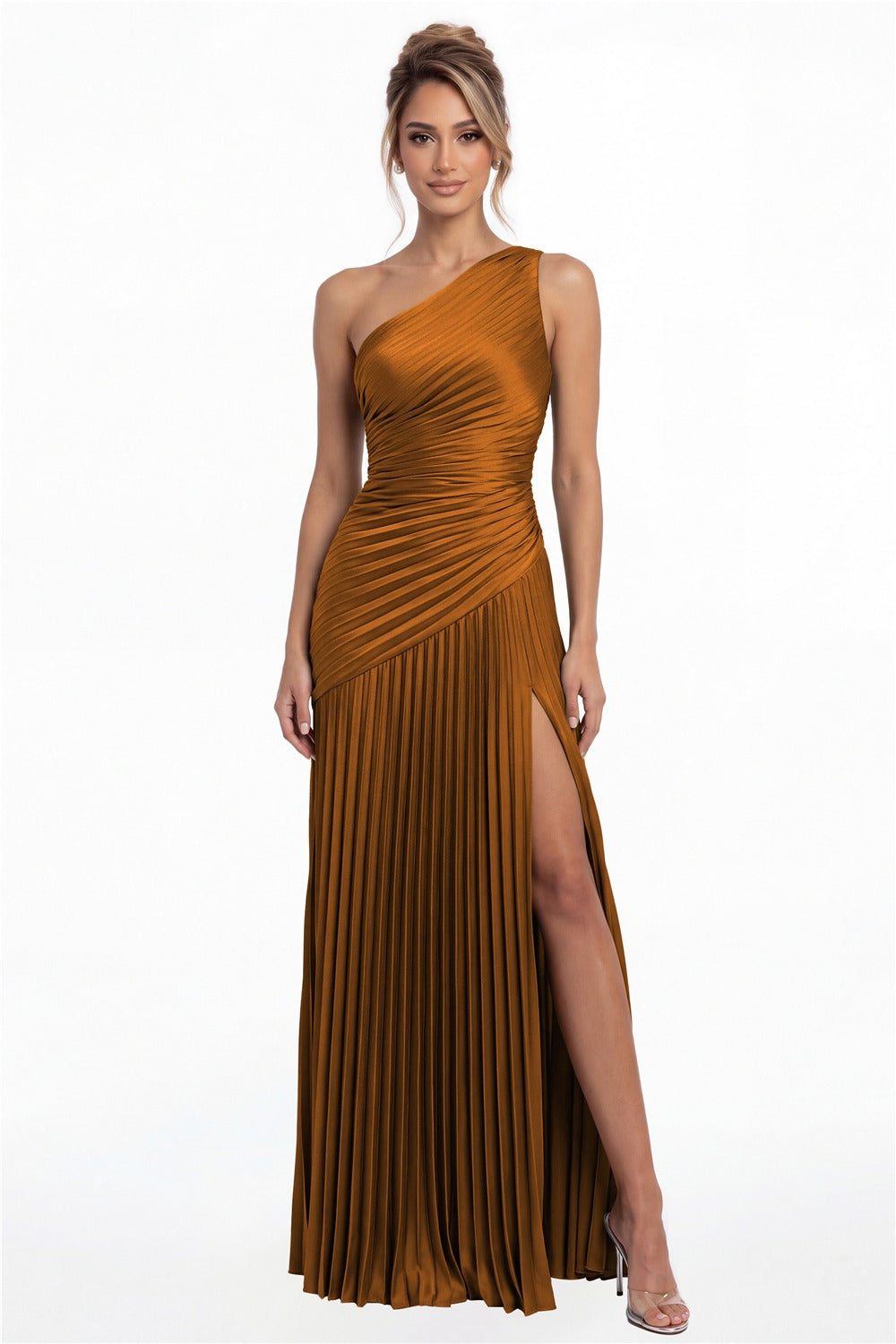 Burnt Orange One-Shoulder Pleated Satin Slit Maxi Gown - Front View