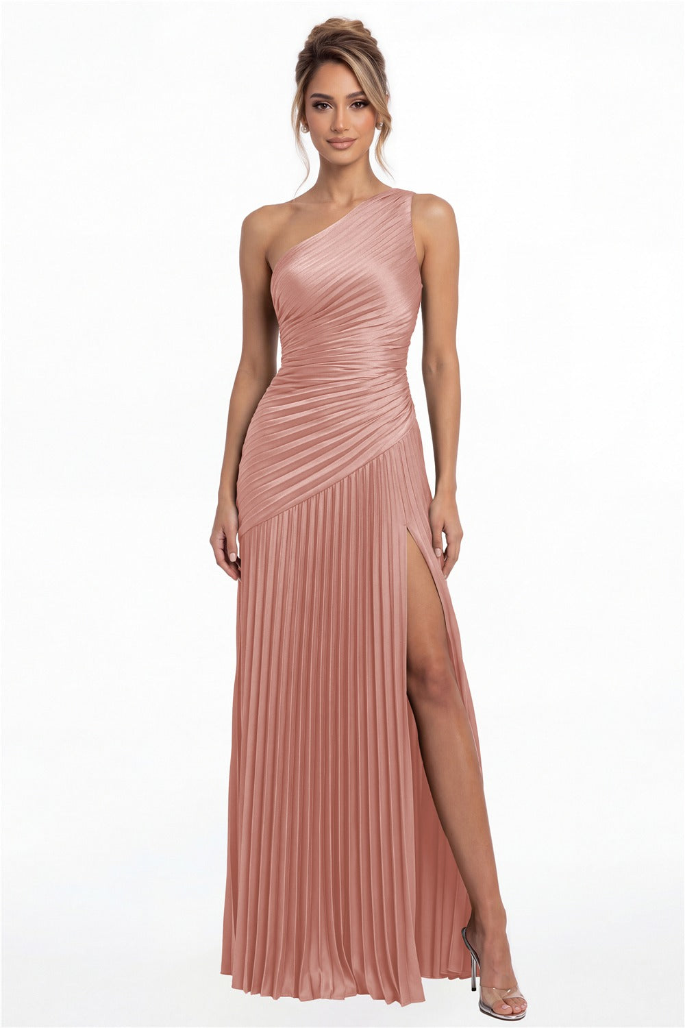 Dusty Rose One-Shoulder Pleated Satin Slit Maxi Gown - Front View