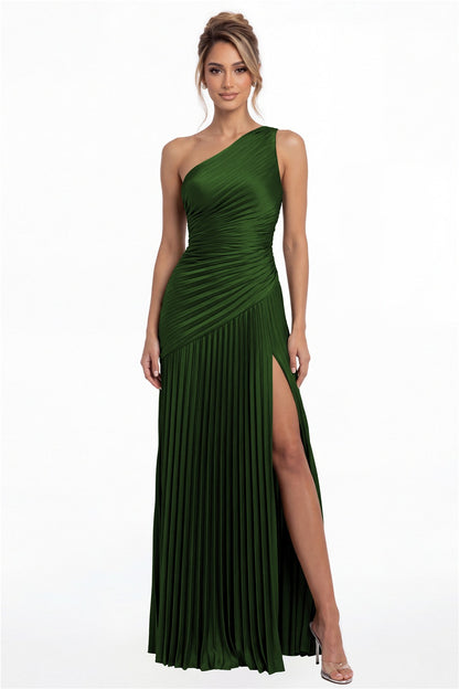 Emerald Green One-Shoulder Pleated Satin Slit Maxi Gown - Front View