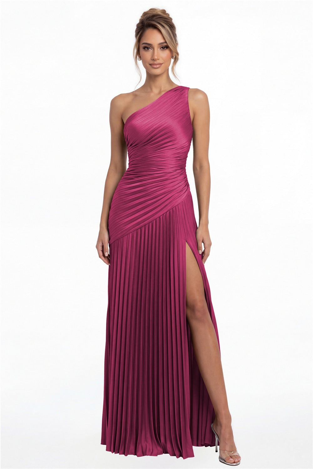 Fuchsia One-Shoulder Pleated Satin Slit Maxi Gown - Front View