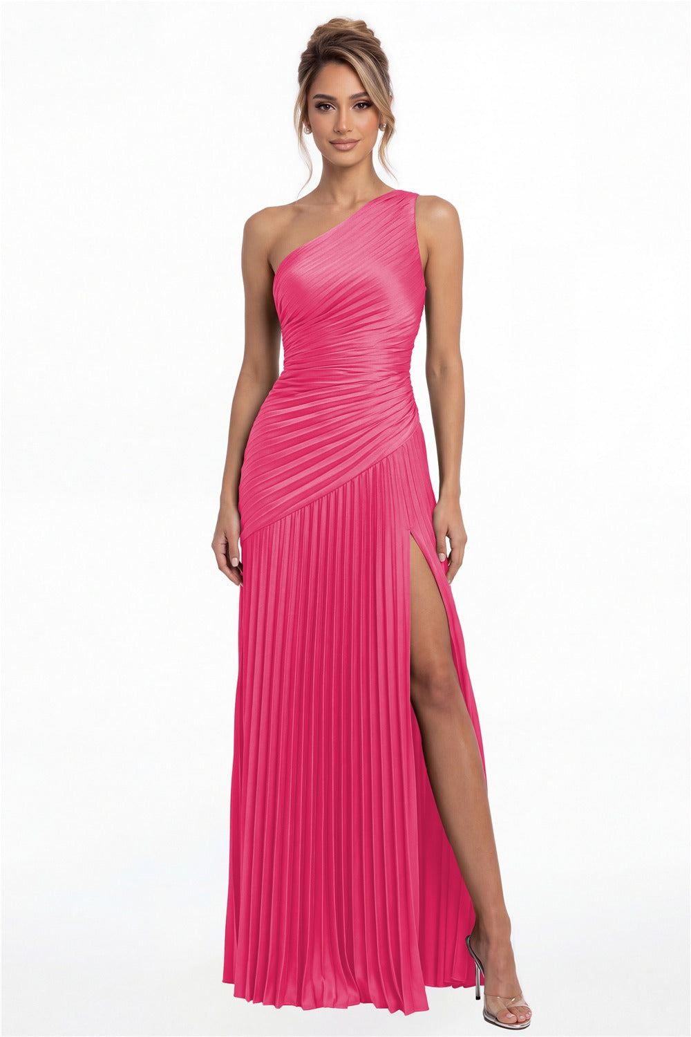 Hot Pink One-Shoulder Pleated Satin Slit Maxi Gown - Front View