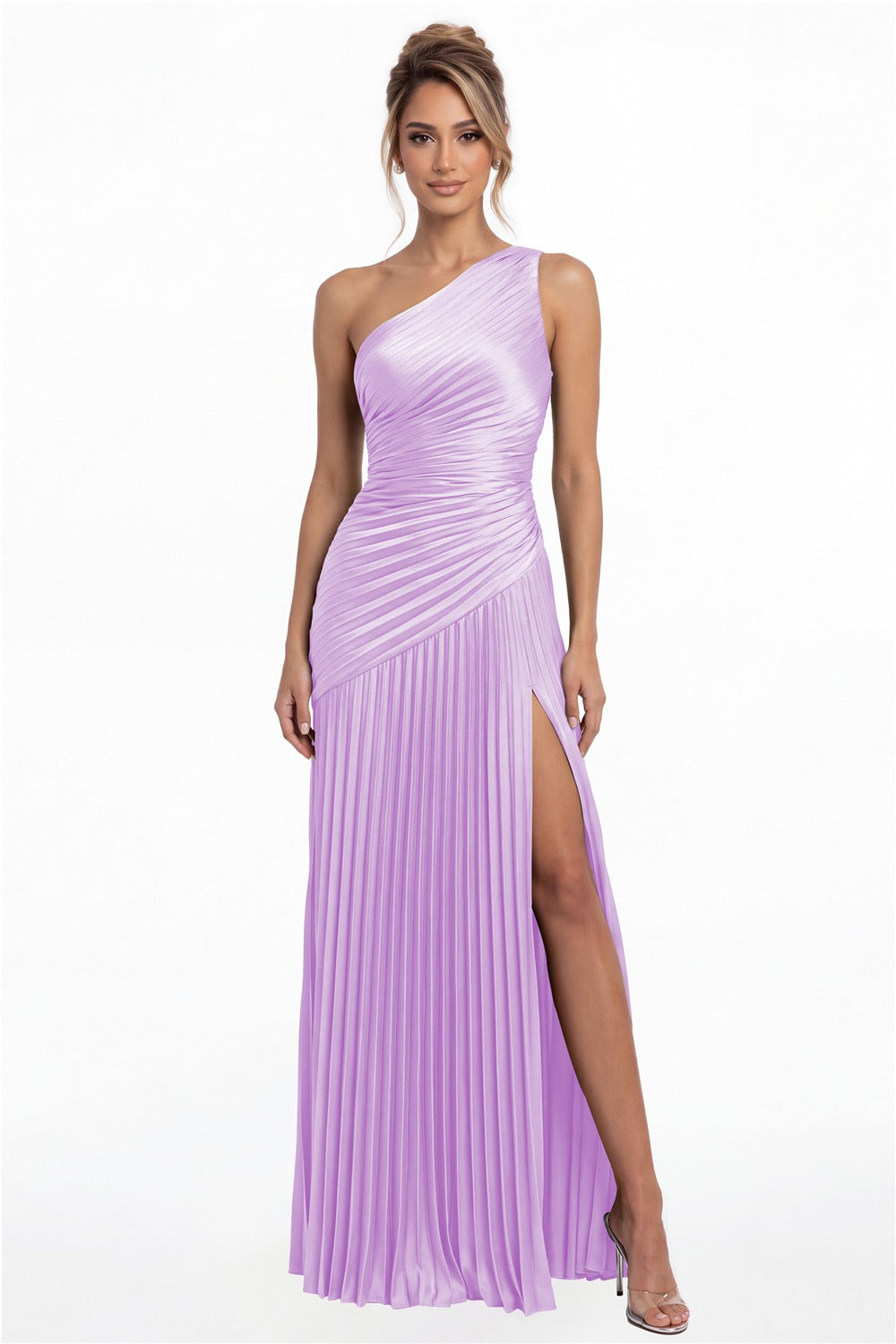 Lilac One-Shoulder Pleated Satin Slit Maxi Gown - Front View