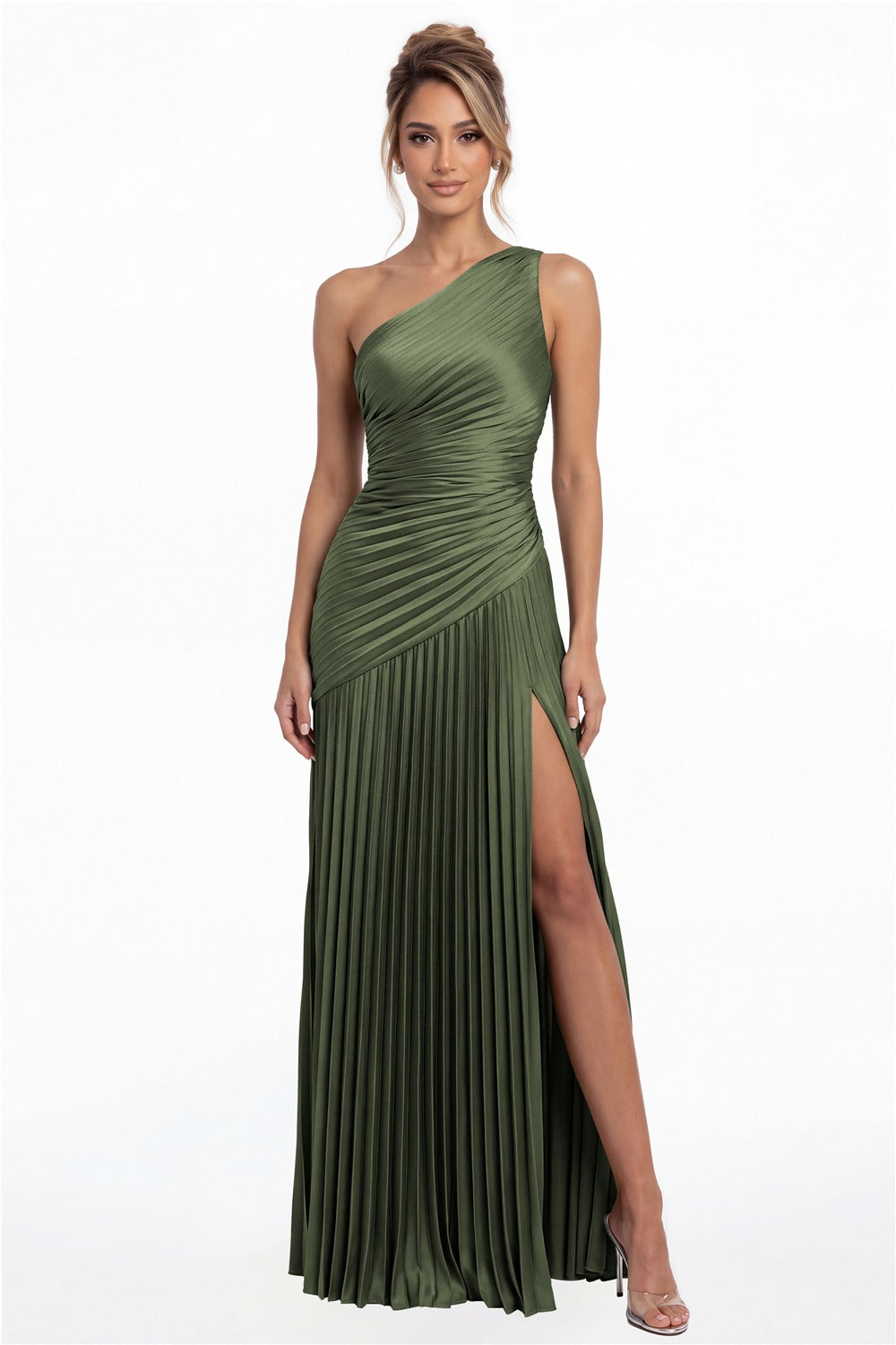 Moss Green One-Shoulder Pleated Satin Slit Maxi Gown - Front View