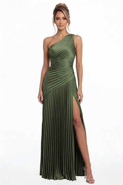 Moss Green One-Shoulder Pleated Satin Slit Maxi Gown - Front View