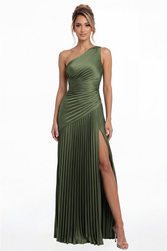 Moss Green One-Shoulder Pleated Satin Slit Maxi Gown - Front View