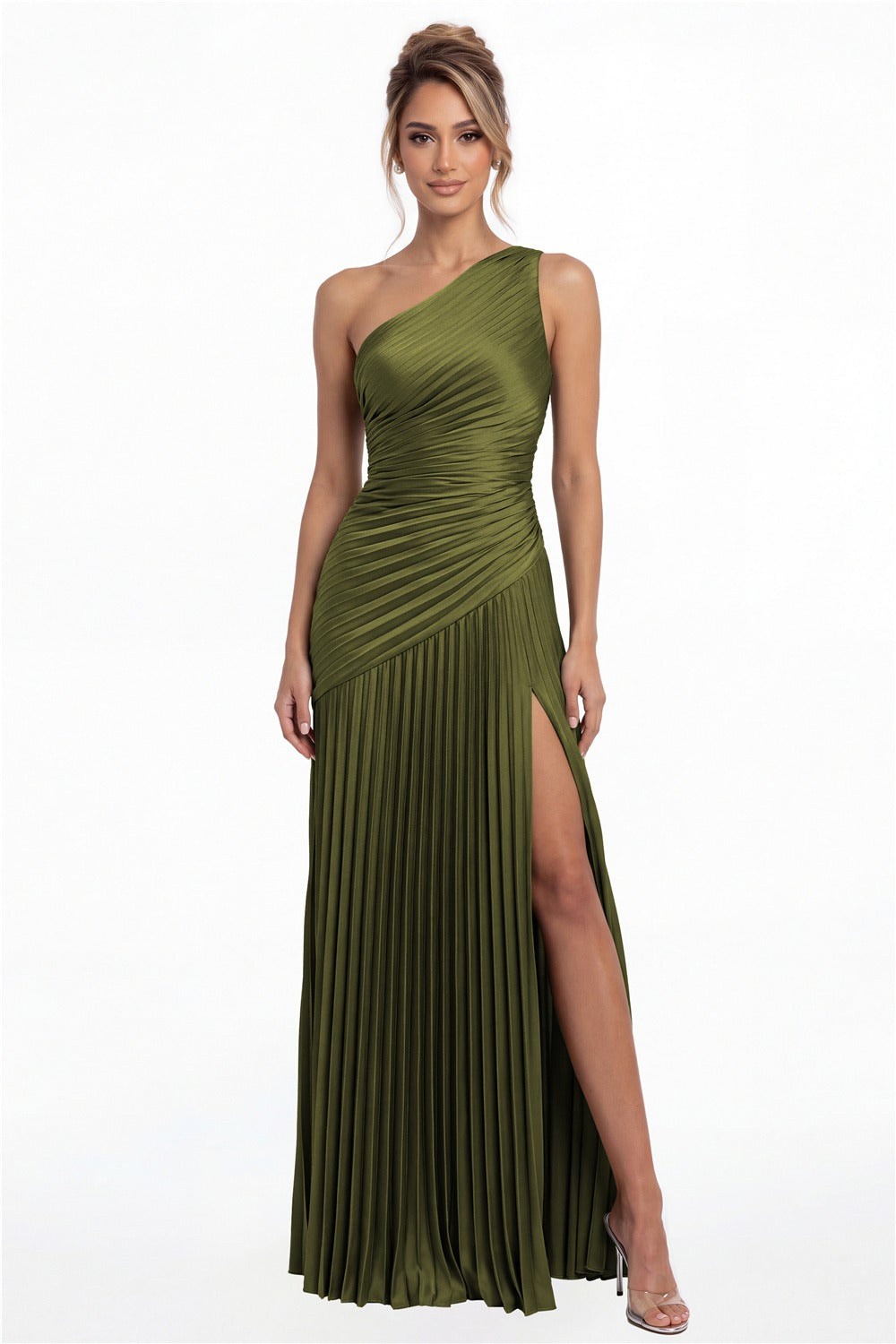 Olive Green One-Shoulder Pleated Satin Slit Maxi Gown - Front View