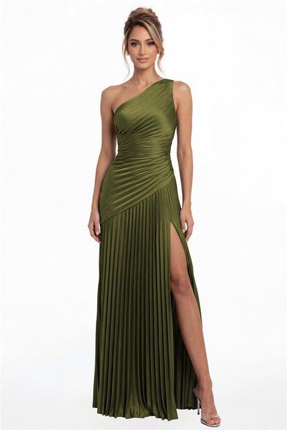 Olive Green One-Shoulder Pleated Satin Slit Maxi Gown - Front View