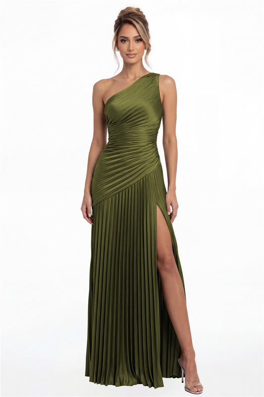 Olive Green One-Shoulder Pleated Satin Slit Maxi Gown - Front View