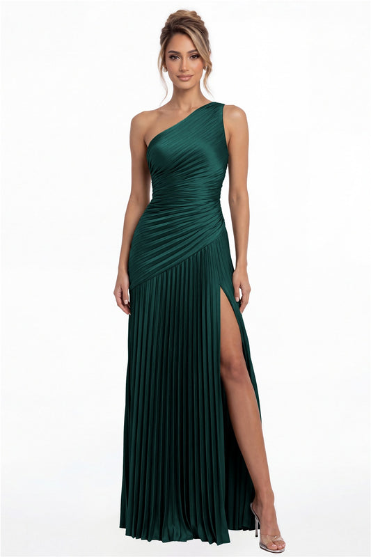 Peacock One-Shoulder Pleated Satin Slit Maxi Gown - Front View