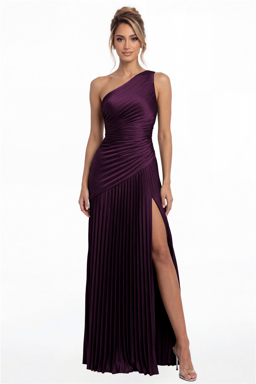Plum One-Shoulder Pleated Satin Slit Maxi Gown - Front View