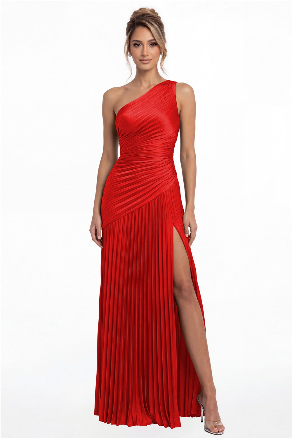 Red One-Shoulder Pleated Satin Slit Maxi Gown - Front View