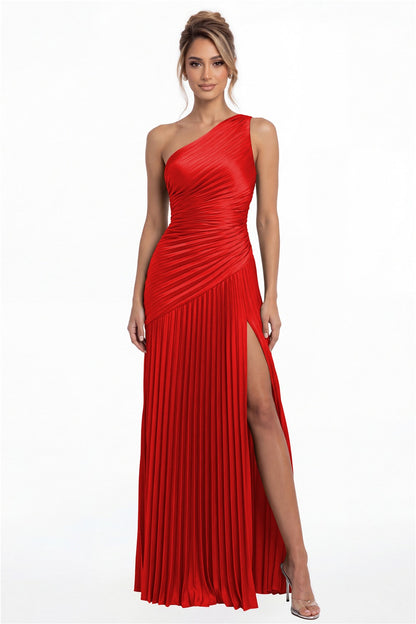 Red One-Shoulder Pleated Satin Slit Maxi Gown - Front View