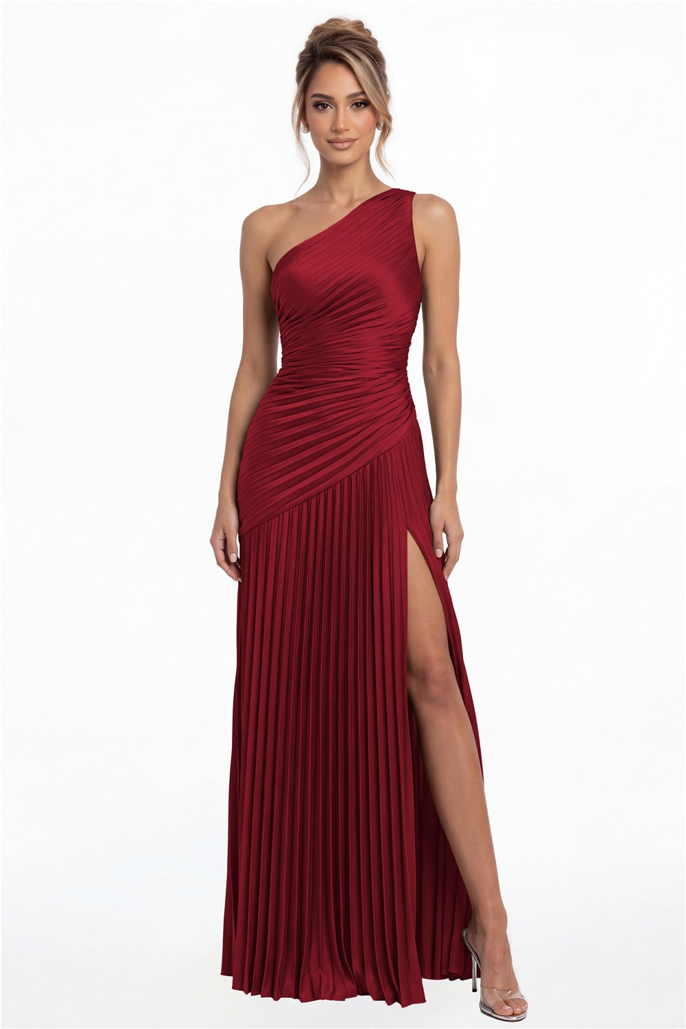Wine Red One-Shoulder Pleated Satin Slit Maxi Gown - Front View