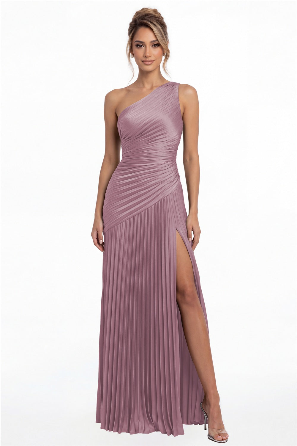 Wisteria One-Shoulder Pleated Satin Slit Maxi Gown - Front View