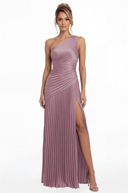 Wisteria One-Shoulder Pleated Satin Slit Maxi Gown - Front View