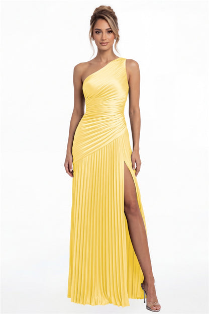 Yellow One-Shoulder Pleated Satin Slit Maxi Gown - Front View