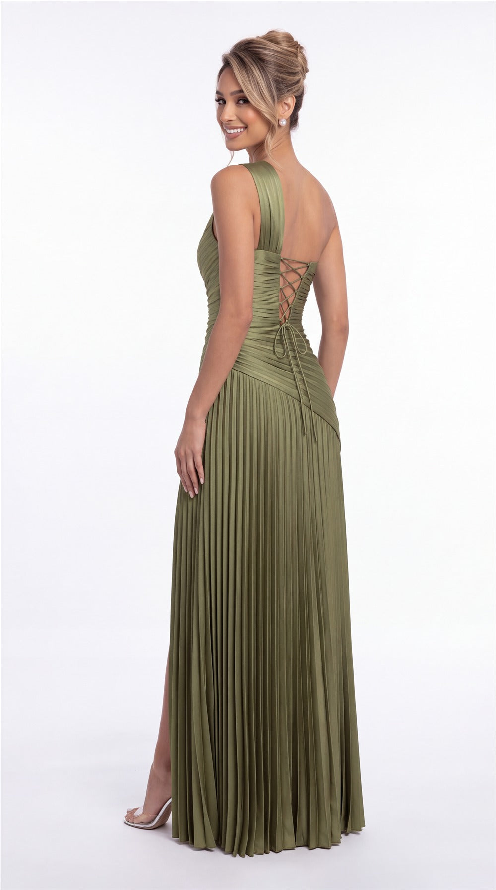 One-Shoulder Pleated Satin Slit Maxi Gown - Back View