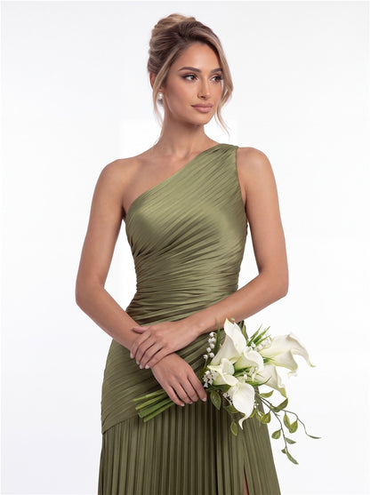 One-Shoulder Pleated Satin Slit Maxi Gown - Detail 1