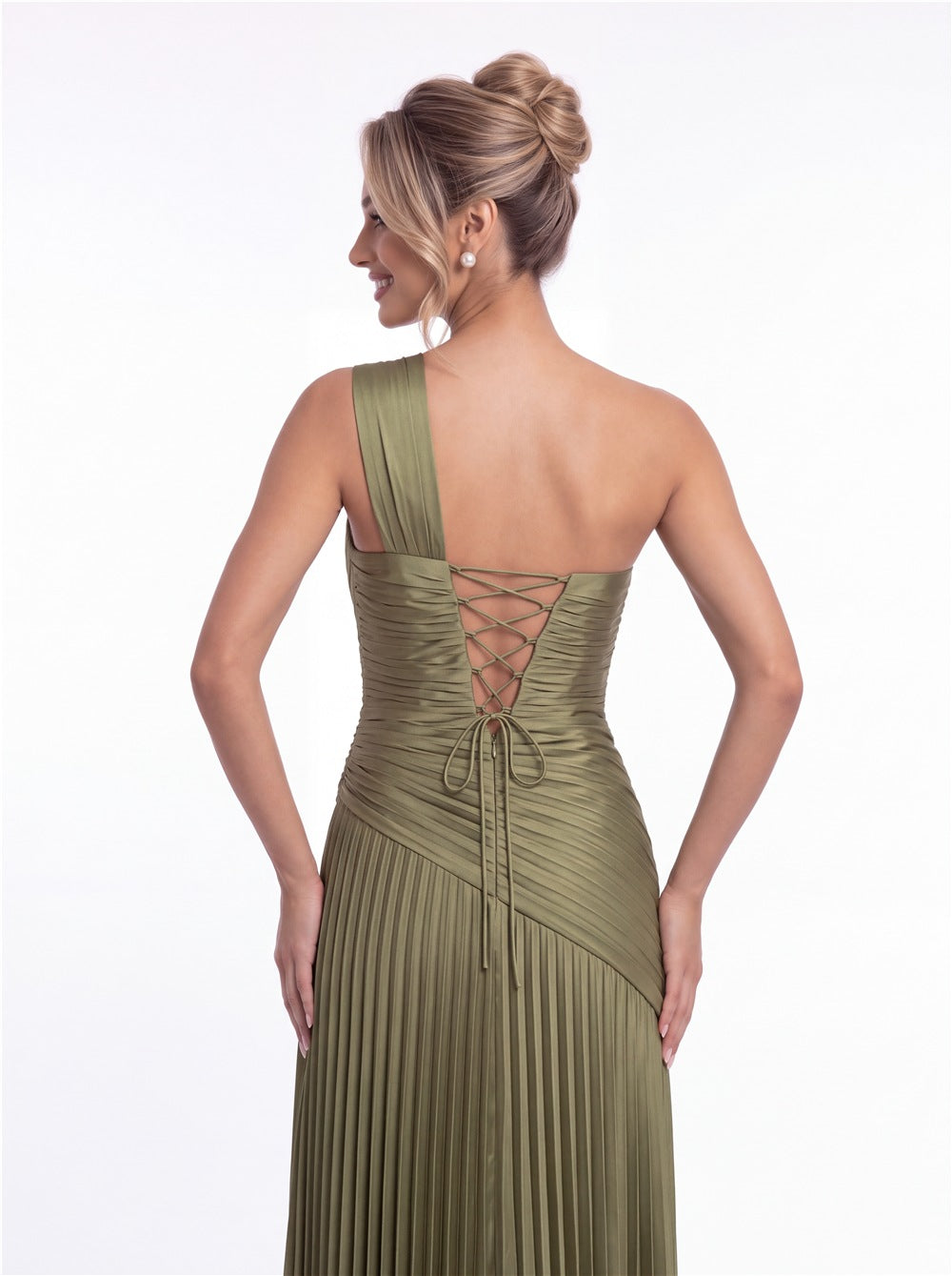 One-Shoulder Pleated Satin Slit Maxi Gown - Detail 2