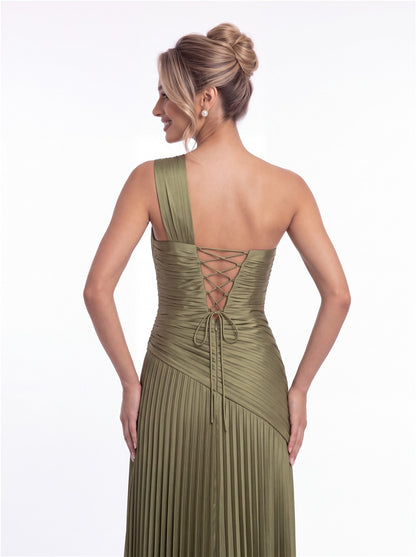 One-Shoulder Pleated Satin Slit Maxi Gown - Detail 2