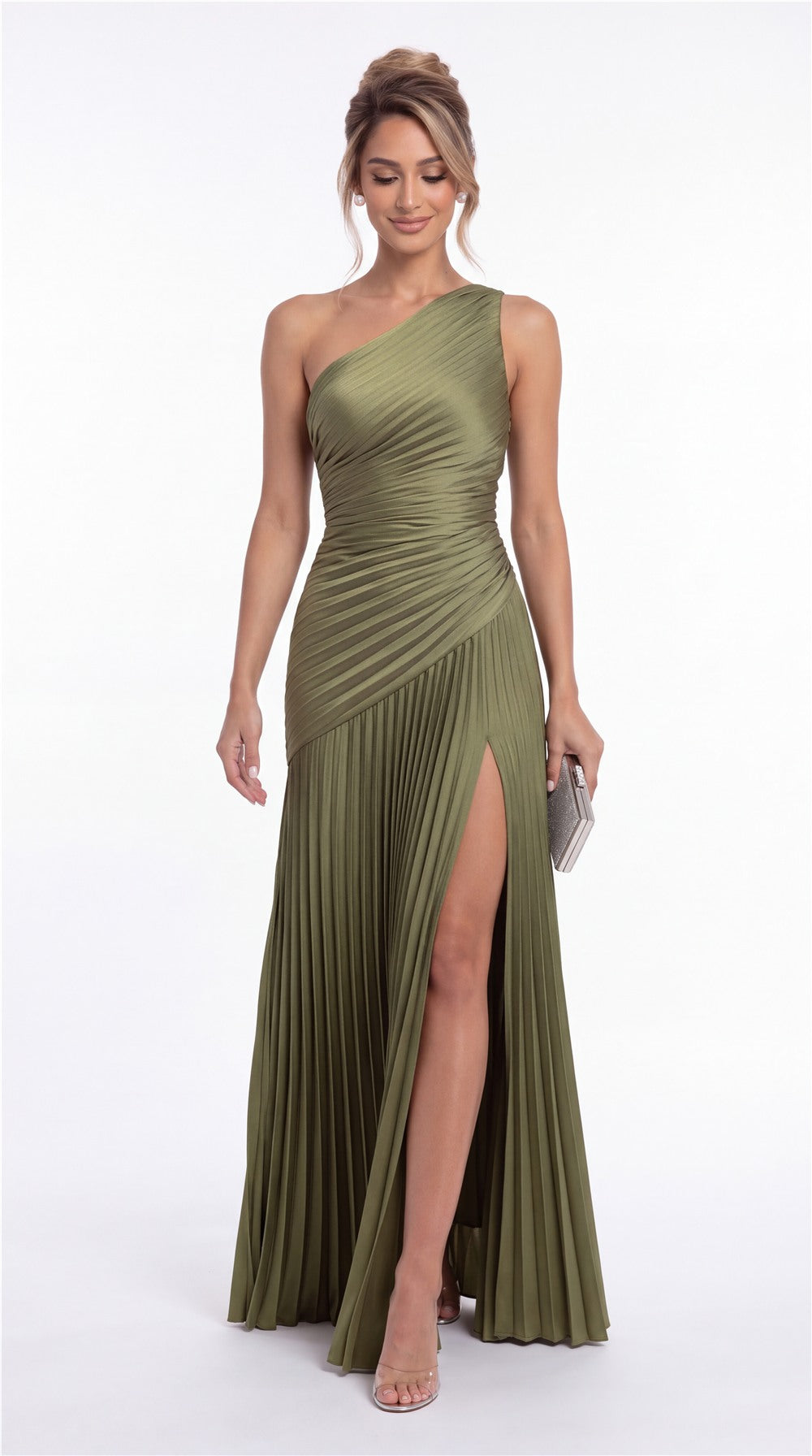 One-Shoulder Pleated Satin Slit Maxi Gown - Detail 3
